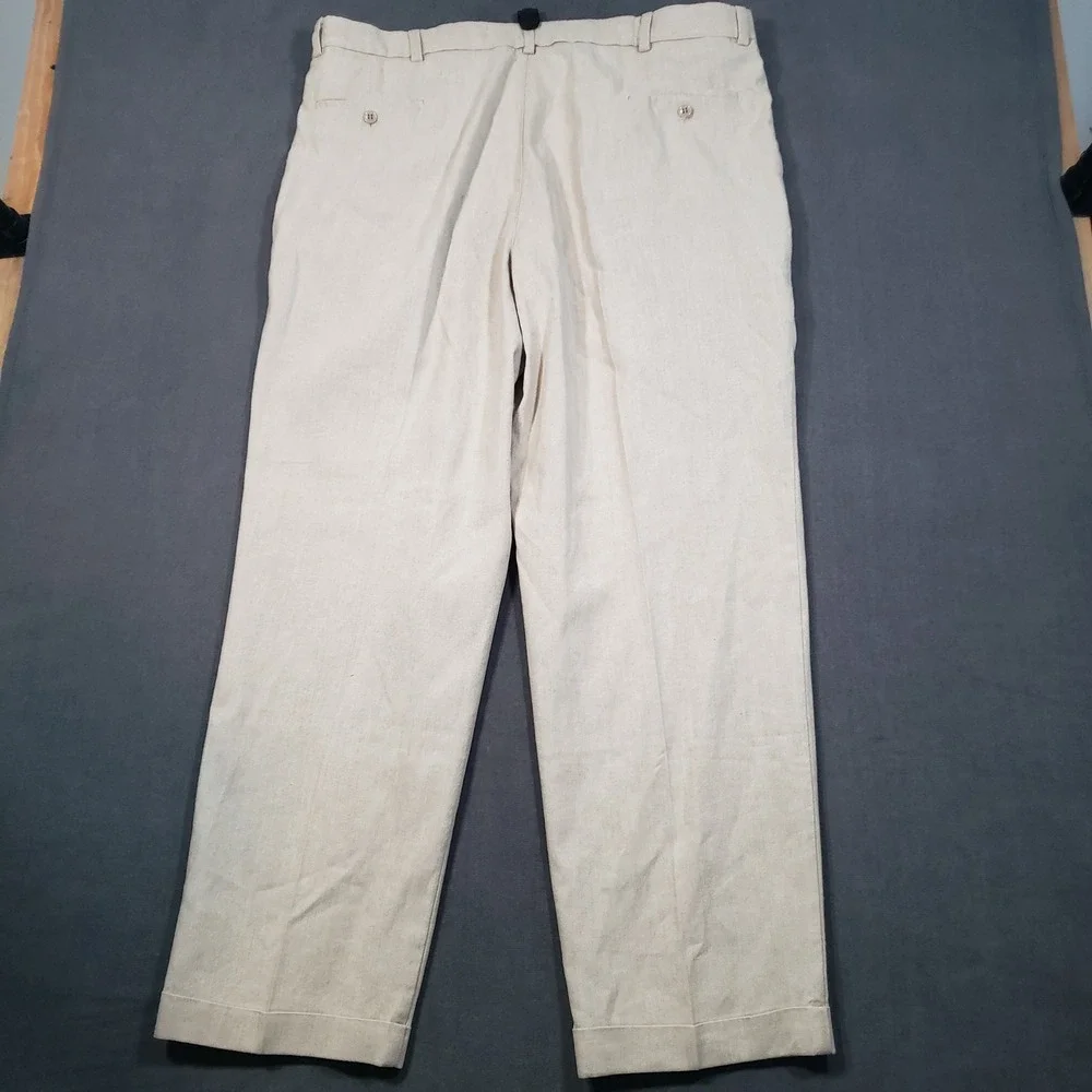 Dockers Recode Trousers Mens W42 L32 Beige Linen Cotton Pleated Cuffed Pants